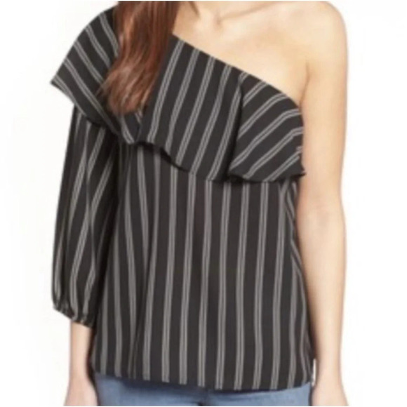 Halogen Pin Stripe One Shoulder Chiffon Blouse - Picture 1 of 14